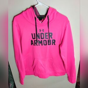 Hot Pink Women's Under Armour Pullover Hoodie W/ Black Logo Mesh Hood Size Large